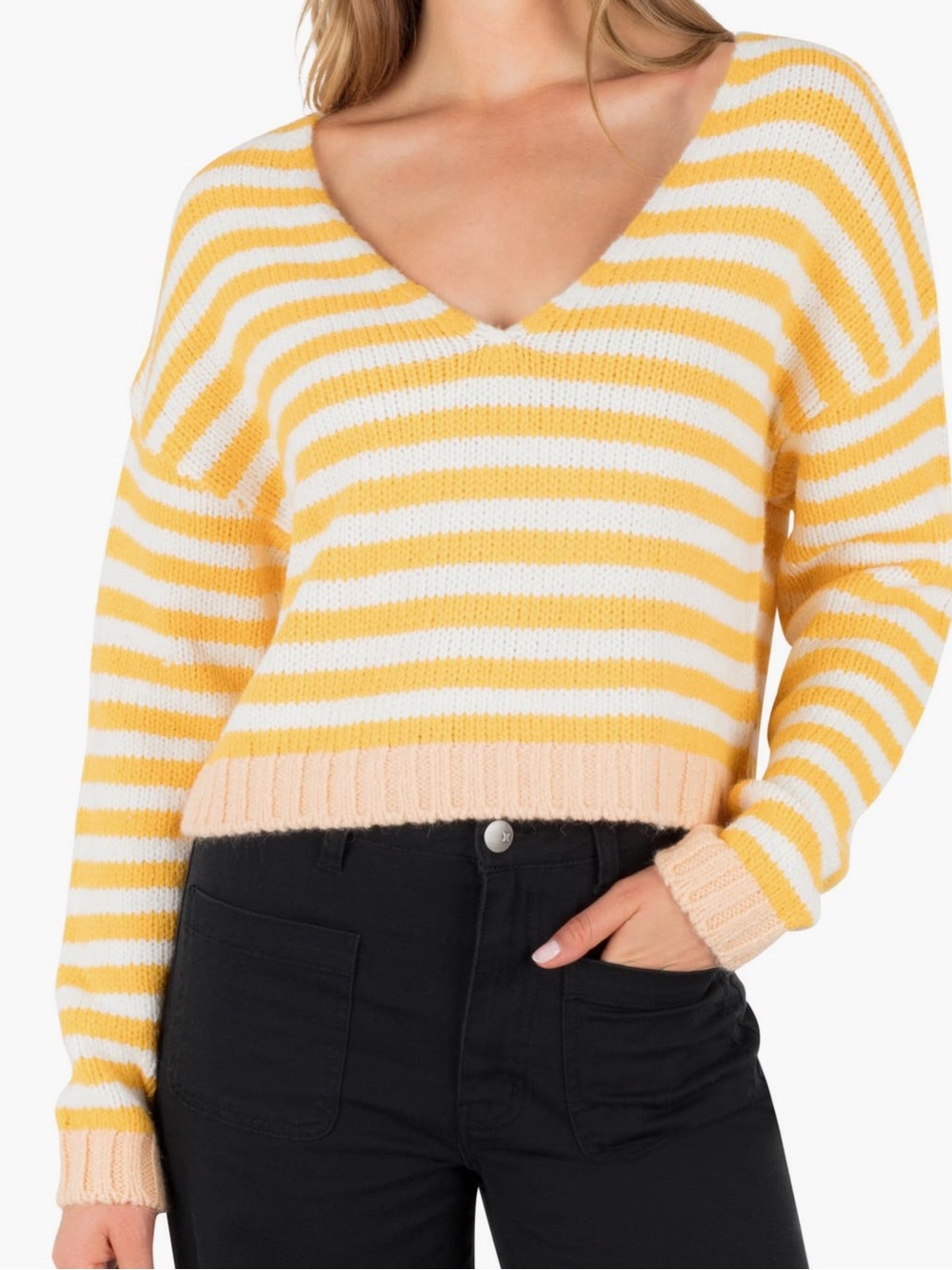 Hurley Campfire Striped Saffron Yellow and White V-Neck Sweater- Sz Large, NWT